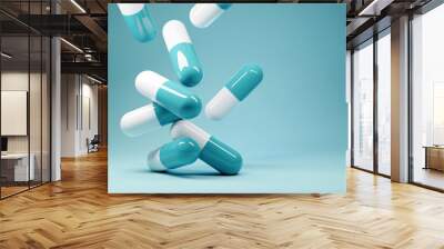 A group of antibiotic pill capsules falling. Healthcare and medical 3D illustration background. Wall mural