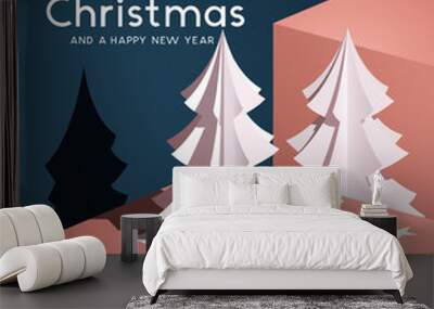 A realistic vector with paper cut christmas trees. Abstract winter background. Wall mural