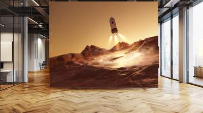 A rocket landing on the surface of mars carrying astronauts. Futuristic mission to Mars. 3D illustration Wall mural