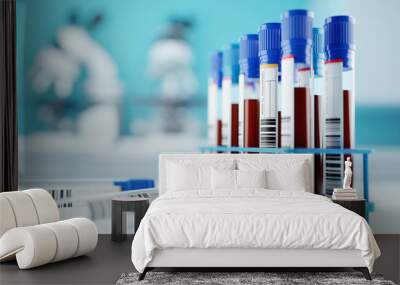 A row of human blood samples in a medical laboratory ready to be tested. healthcare background 3D illustration. Wall mural