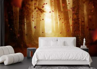 A tree lined pathway leading into a autumn coloured forest with falling leaves as the sun shines through. Photo composite. Wall mural