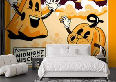 A vintage halloween decoration party layout design with cartoon ghosts and pumpkins. Wall mural