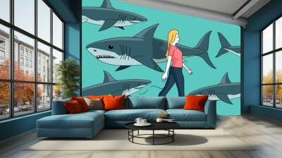 A women walking while surrounded by sharks. People concept vector illustration Wall mural