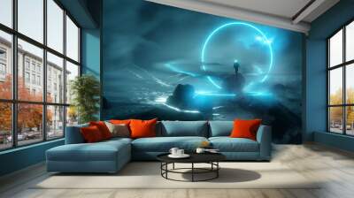 An astronaut figure standing surrounded by a glowing blue energy loop set on a strange rocky landscape. Wall mural