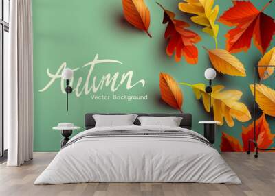 Autumn fall seasonal background design with golden, orange and red leaves. Vector background. Wall mural