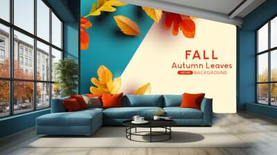 Autumn season background with falling autumn leaves and room for text. Flat lay Vector illustration Wall mural