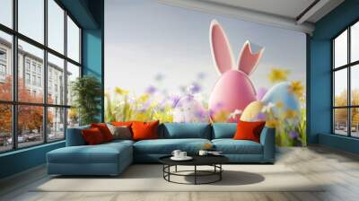 Easter egg hunt. Festive pastel coloured eggs with rabbit ears in a wild flower meadow. 3D illustration. Wall mural