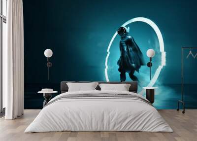 Exiting The Void. A futuristic Space astronaut exiting a glowing loop through time. Conceptual 3D Illustration. Wall mural