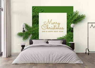 Festive natural christmas layout message with spruce tree cuttings. Vector illustration. Wall mural