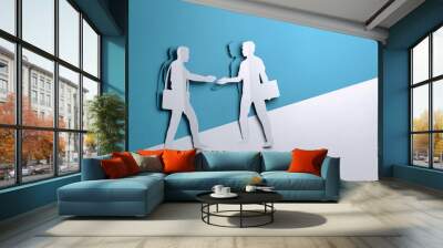 Folded Paper art origami. Two Businessman shaking hands on a business deal opportunity.Paper craft 3D illustration. Wall mural