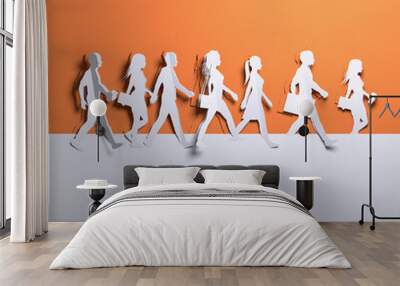 Folded Paper art origami.A group of people and characters walking to their destination. Paper craft 3D illustration. Wall mural