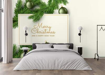 Joyful and festive christmas invitation events layout with spruce tree cuttings and baubles. Vector illustration. Wall mural