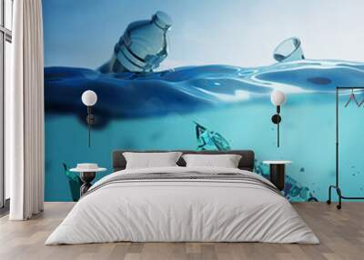 Ocean pollution concept - A fish shape made up of microplastics, plastic bags and waste in the open ocean. 3D illustration. Wall mural