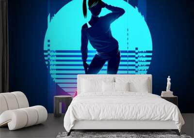 retro 1980's glowing neon dancing lady with glitch sunset background. vector illustration Wall mural