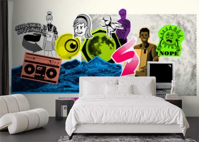 Set of objects including people and technology halftone grunge asset collection. Vector pop art. Wall mural