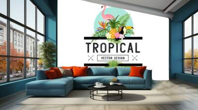 tropical design elements. various tropical objects including toucan bird, pineapple and palm leaves. Wall mural