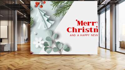 Winter christmas layout composition with plants, presents and xmas decorations with room for text and messages. Vector illustration. Wall mural