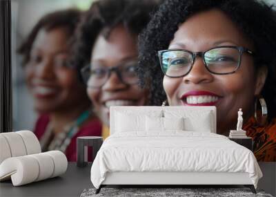 Three Smiling African American Women Posing Together in Close-Up Portrait with Glasses and Colorful Outfits, Copy Space Wall mural