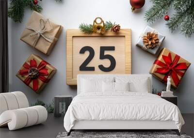 Wooden calendar on white background with date 25 December with new year toys, tree and gift top-down, Generative AI Wall mural