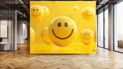 Yellow spheres textured with happy face emoji surrounded by other happy face emojis on yellow background Wall mural