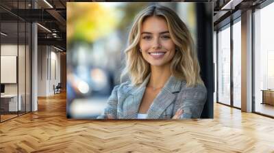 Young happy pretty smiling professional business woman, happy confident positive female entrepreneur standing outdoor on street arms crossed, looking at camera, Generative AI Wall mural