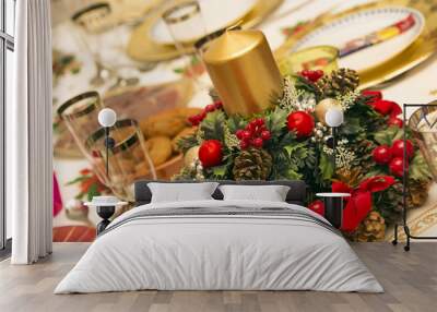 elegant christmas table decorated with typical and colorful obje Wall mural