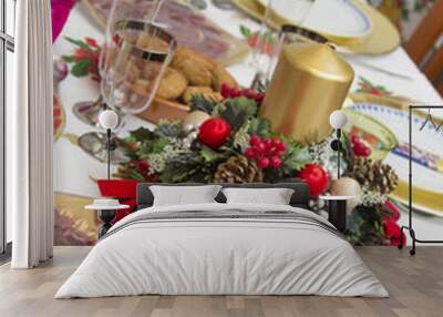 elegant christmas table decorated with typical and colorful obje Wall mural