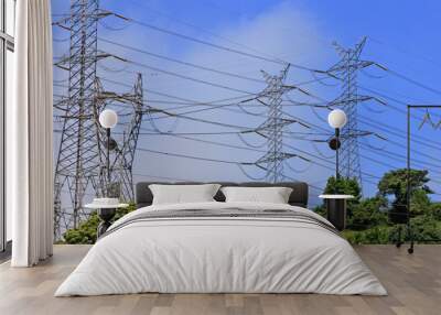 High voltage electrical towers in a green field Wall mural