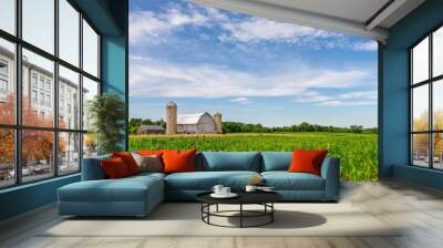 White Barn in Corn Field with Blue Sky Wall mural