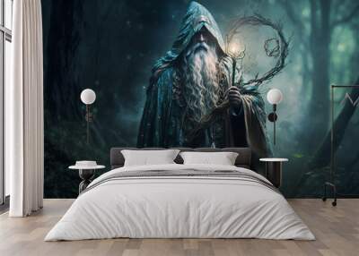 A mystical druid standing in a lush forest glade, surrounded by ethereal wisps of magic. intricate details of the druid's robes and staff. a touch of dreaminess. fantasy Ai Wall mural