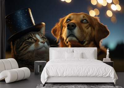 cat and dog's faces as they gaze up at the fireworks bursting in the night sky. they  wear a top hat  bow tie, and a vest. The style is dreamy and romantic, with a soft, golden light, magical quality. Wall mural