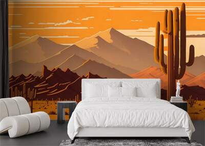 Cinco de Mayo | serene desert landscape bathed in the warm glow of the setting sun, cactus silhouetted against the sky. rolling hills of sand are dotted with tufts of desert grass and small shrubs. Ai Wall mural