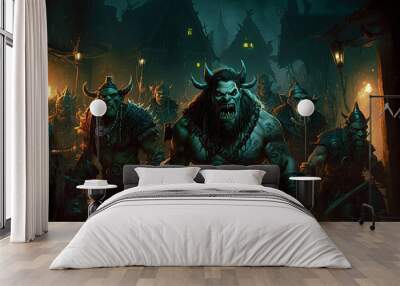 fantasy orcs | A band of orcs raiding a human village at night.  the chaos and destruction. The style is gritty and realistic, with a focus on the orcs' savage features and the destruction. Ai Wall mural