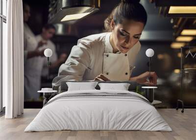 Photogenic Woman Expertly Preparing a Dish in High-End Restaurant Kitchen. AI Wall mural