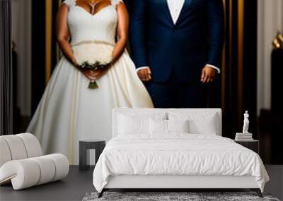 Wedding Photography: Full Body Shot of Black Bride and Groom in Traditional Attire Standing in Luxury House. AI Generated Wall mural