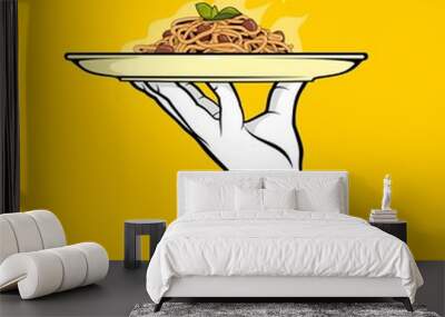 Waiter holding pasta dish Wall mural