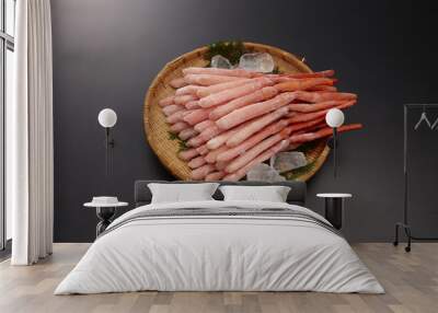 Namahiyabeni snow crab legs shelled on bamboo tray in grey backg Wall mural