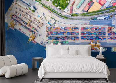 Logistics and transportation of Container Cargo ship and Cargo import/export and business logistics, Shipping , Top view ,Aerial view from drone Wall mural