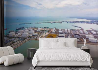 Oil storage tank with oil refinery background, Oil refinery plant at day. Aerial view from drone top view Wall mural