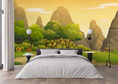 Nature illustrations at sunset Wall mural