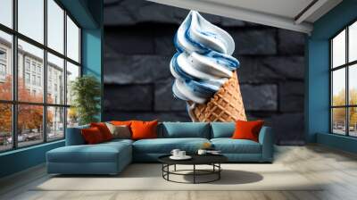 A delicious waffle cone filled with creamy blueberry ice cream, beautifully set against a textured dark stone background, perfect for dessert and summer themes.  Wall mural