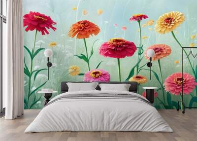 A stunning minimalist illustration of vibrant Zinnia flowers with a soft garden background, showcasing the beauty of summer blooms.  Wall mural