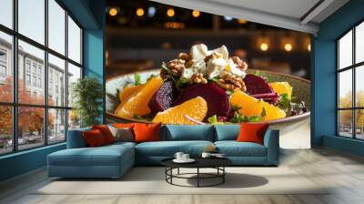 A vibrant winter salad with fresh fruit and vegetables in a bowl, with a soft restaurant background.  Wall mural