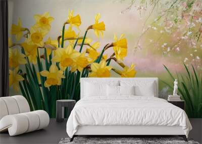 Beautifully composed minimalist image featuring vibrant yellow daffodil flowers in a soft, lush green garden background, evoking a cheerful springtime atmosphere.  Wall mural