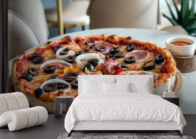 Chicago-style deep-dish Supreme pizza with olives, peppers, ham, onions, and melted cheese, capturing the essence of comfort food and casual dining.  Wall mural