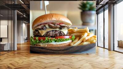 Delicious gourmet mushroom Swiss burger with melted cheese, fresh lettuce, and tomato on a toasted bun, served on a plate with a soft, cozy restaurant background.  Wall mural