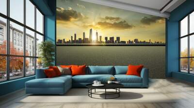 3D render empty asphalt road with city background Wall mural