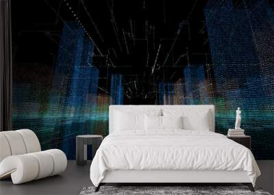 3D Smart digital city built with binary code , futuristic smart technology and connection network concept . Wall mural