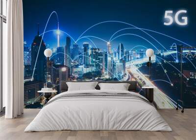 5G network wireless systems and internet of things with modern city skyline. Smart city and communication network concept . Wall mural