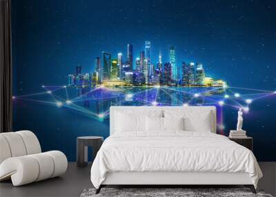 Abstract futuristic night city with dots and line connection Wall mural